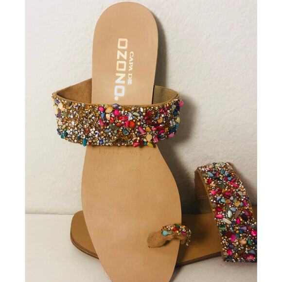 Capa de Ozono Leather Jeweled Toe Sandals Size 9.5 Spain Like New - Picture 1 of 5